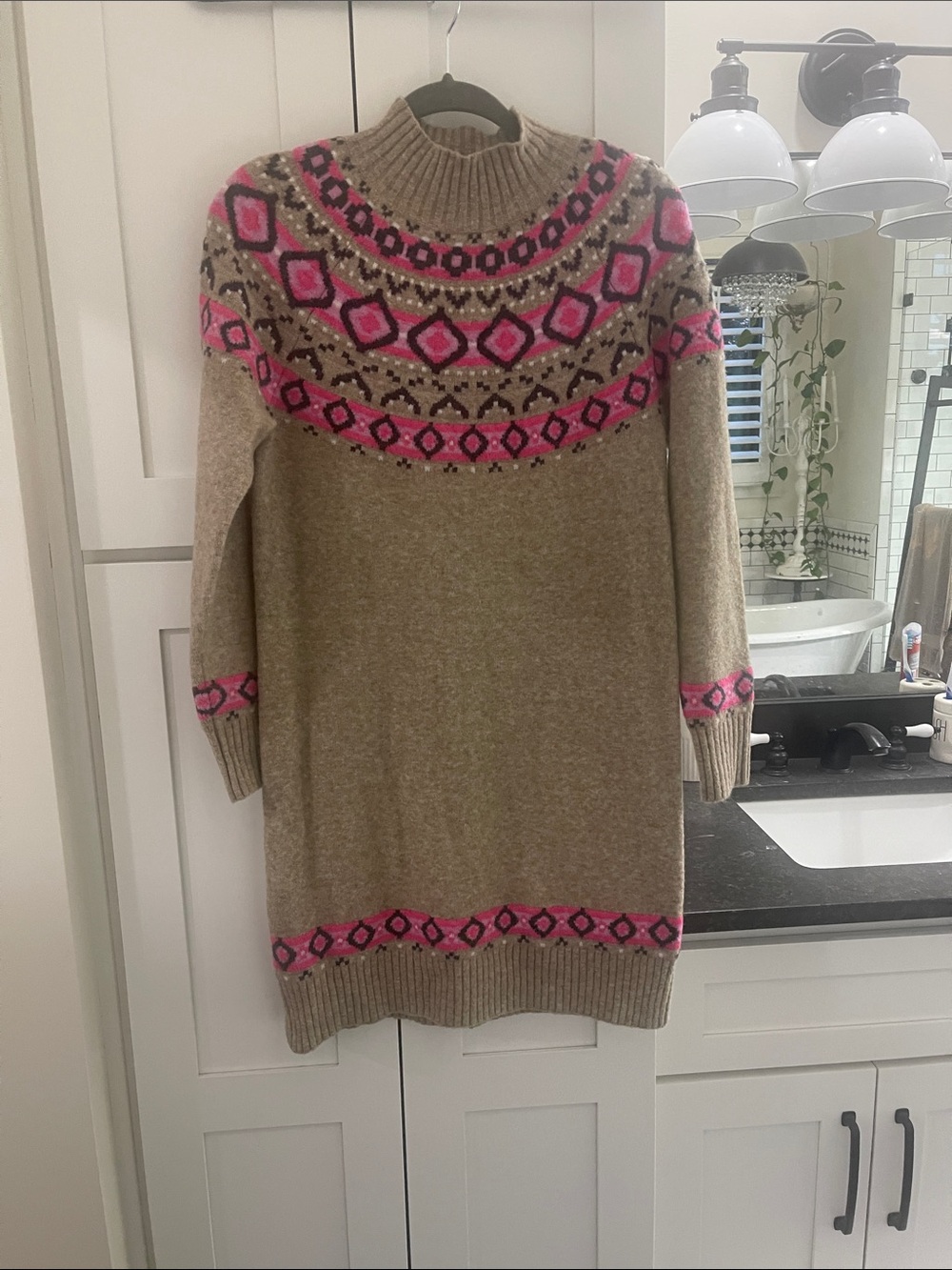 LOFT Beige Sweater Dress with Pink Fair Isle Yoke